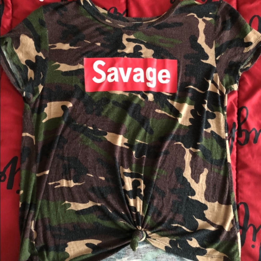 Camo Knotted “Savage” Shirt